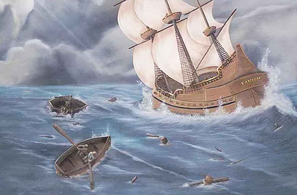 An old ship sailing rough seas; row boats attempting to paddle toward the ship